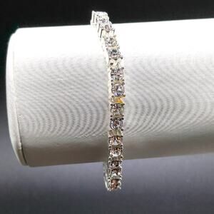 CZ Rhinestone Tennis Style Bracelet, Silver Tone, 7 1/4 Inches